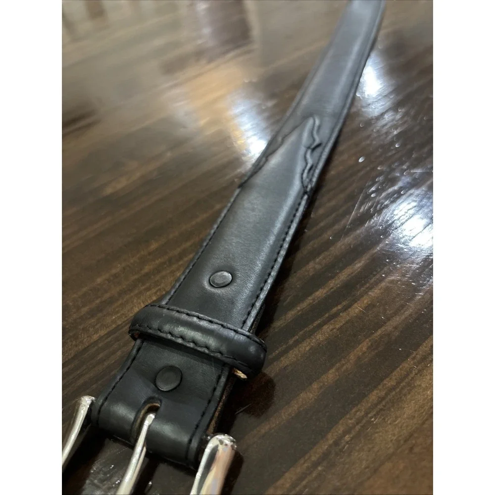 1996 Tony Lama Longhorn Black Leather Belt 0203L Men Silver Buckle Sz 32 Cowboy